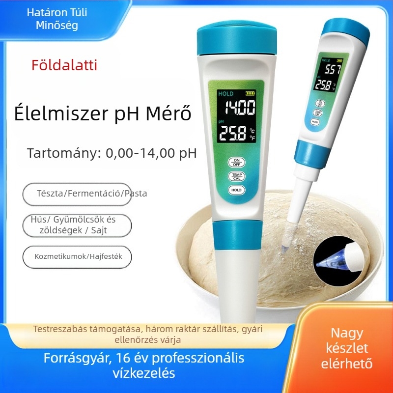 Hordozható pH-mérő üveg elektróddal, digitális kijelző, 0–14 pH tartomány, 0,01 pH pontosság, hőmérséklet-kompenzáció 0–60 °C
