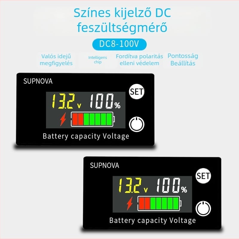 LCD voltmérő elektromos robogóhoz, 8–100V, feszültségjelző ólom-akkumulátorokhoz és lítium akkumulátorokhoz