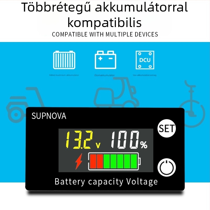 LCD voltmérő elektromos robogóhoz, 8–100V, feszültségjelző ólom-akkumulátorokhoz és lítium akkumulátorokhoz