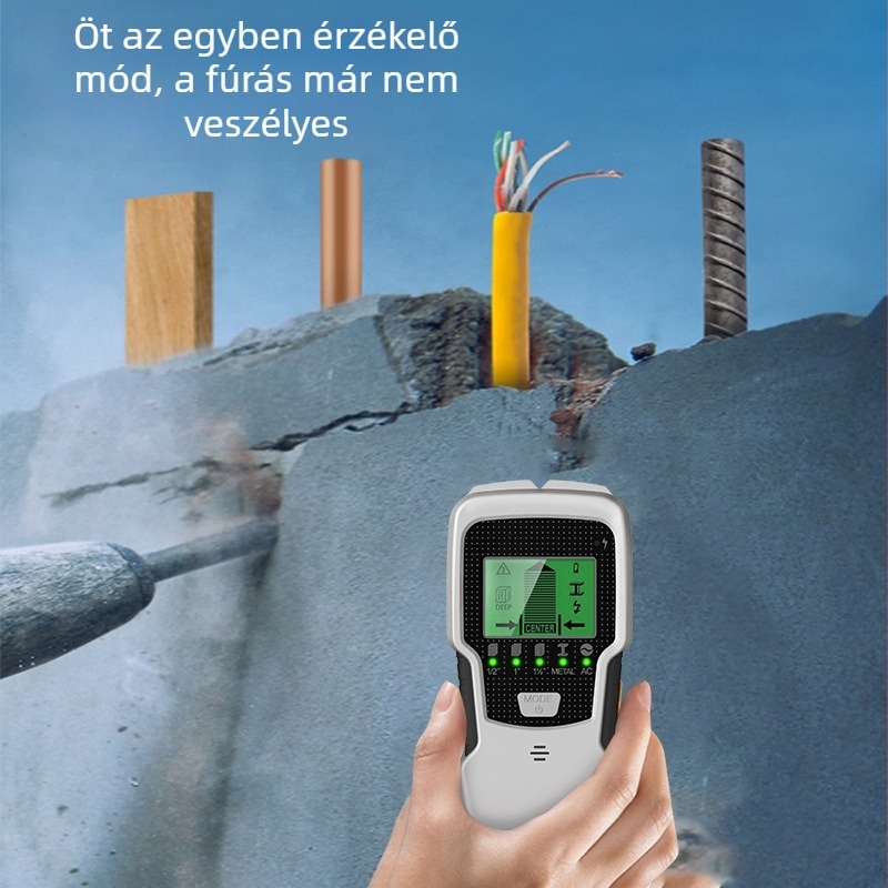 SH501 kézi falfigyelő 5-az-egyben funkcióval; mérési tartomány 12,7–60 mm; próbafej mérete 60 mm; riasztás Roar