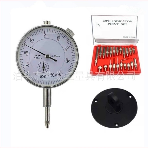 0-10 mm tartományú dial indicator készlet, felbontás 0.01 mm, 22 darabos mechanikus készlet, szondákkal