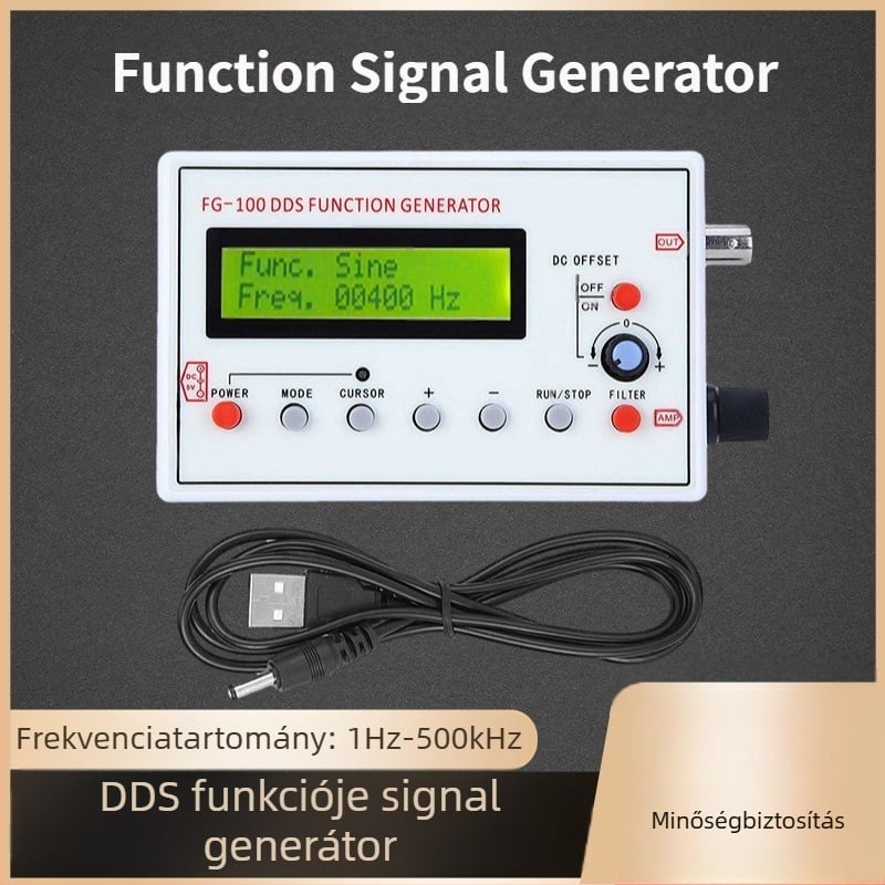 DDS funkciójú jelgenerátor FG-100, 1 Hz–500 kHz tartomány, kiváló hullámforma-pontosság