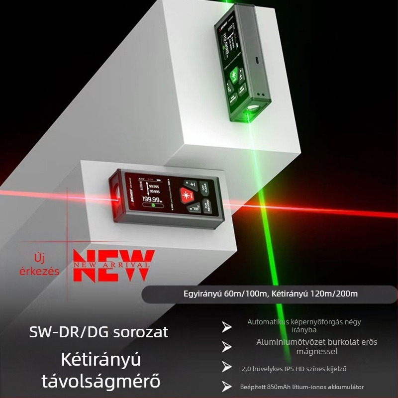 Kétirányú lézer távolságmérő infravörös elektronikus mérőeszközzel, 200 m hatótáv, mágneses hátsó rész, lítium akkumulátor