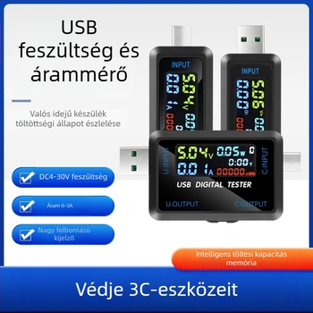USB feszültség- és áramerősségmérő digitális kijelzővel, kapacitásteszt és külső akkumulátor detektor (Bemeneti feszültség: 4.5–36 V; Környezeti hőmérséklet: 10–60 °C; Súly: 19.8 g)