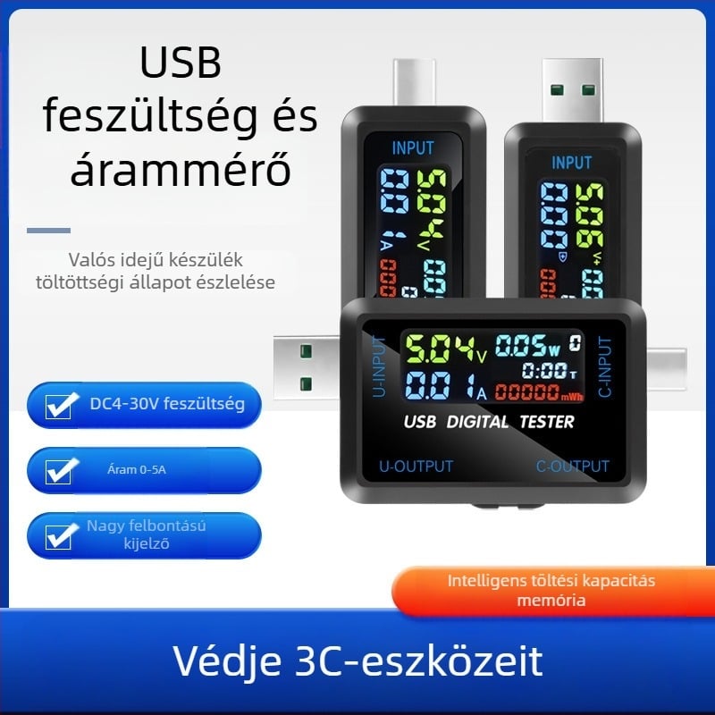 USB feszültség- és áramerősségmérő digitális kijelzővel, kapacitásteszt és külső akkumulátor detektor (Bemeneti feszültség: 4.5–36 V; Környezeti hőmérséklet: 10–60 °C; Súly: 19.8 g)