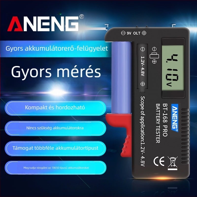 BT168D PRO hordozható akkumulátor-teszter 18650-es cellákhoz, feszültségmérés
