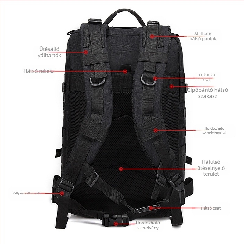 Katonai stílusú terepen túrázáshoz és kerékpározáshoz tervezett kamufláž hátizsák hálós rekesszel, modell Military bag, származás: Jinhua, Zhejiang; márka: Other