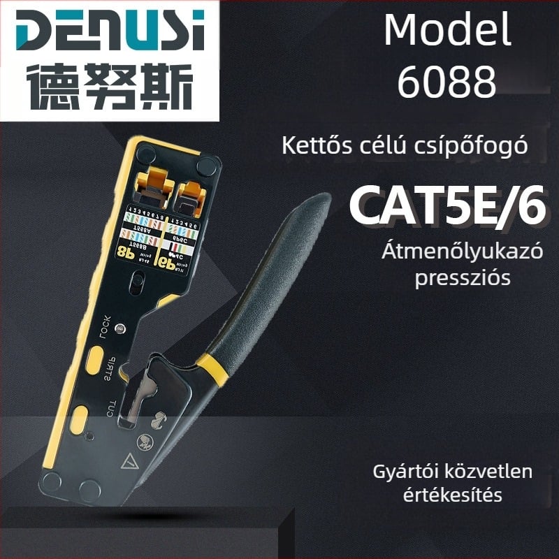 Ethernet-kábel krimpelő fogó 8P6P, kettős használatú, huzal-leválasztási és vágási funkcióval, függőleges crimpelés, szerszámacélból