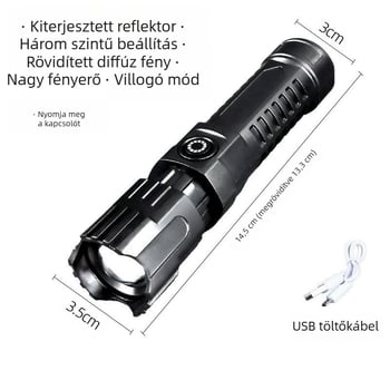 Újratölthető LED zseblámpa zoom funkcióval, 1200mAh akkumulátor, USB töltés, 360° forgás, 500 m+-os hatótávolság