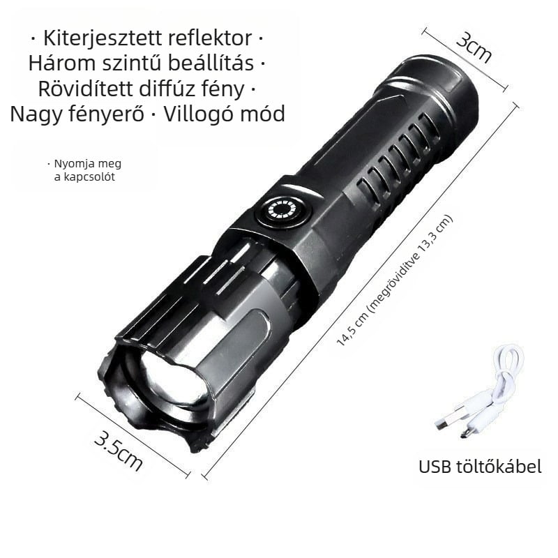 Újratölthető LED zseblámpa zoom funkcióval, 1200mAh akkumulátor, USB töltés, 360° forgás, 500 m+-os hatótávolság