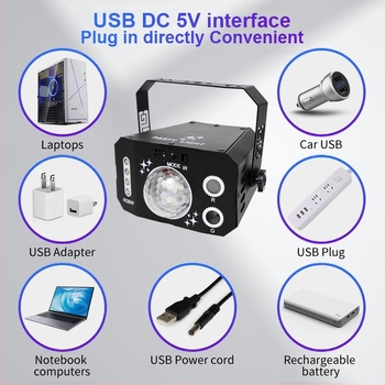 Mini lézerfény színpadi használatra LED és lézerrel, modell Y431, IP20, 5V, beltéri használatra