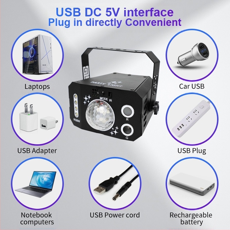 Mini lézerfény színpadi használatra LED és lézerrel, modell Y431, IP20, 5V, beltéri használatra