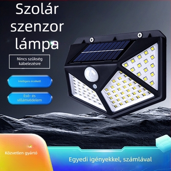 Kültéri LED napelemes kertfal lámpa mozgásérzékelővel, IP55 vízálló, 100 LED, 6500K