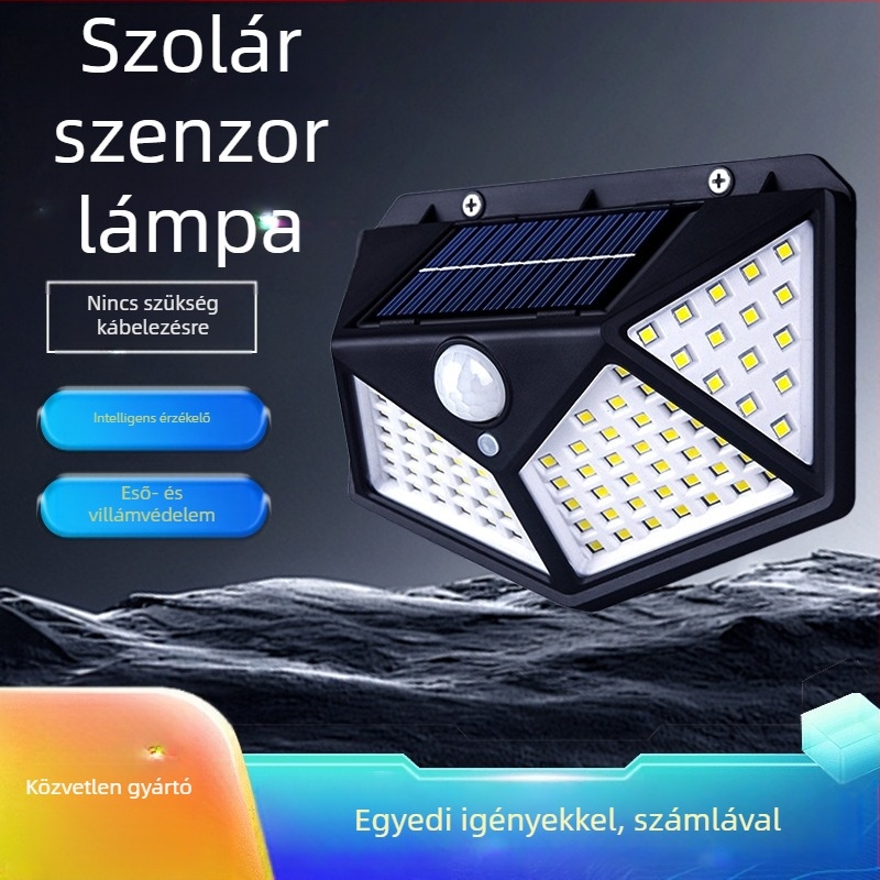 Kültéri LED napelemes kertfal lámpa mozgásérzékelővel, IP55 vízálló, 100 LED, 6500K