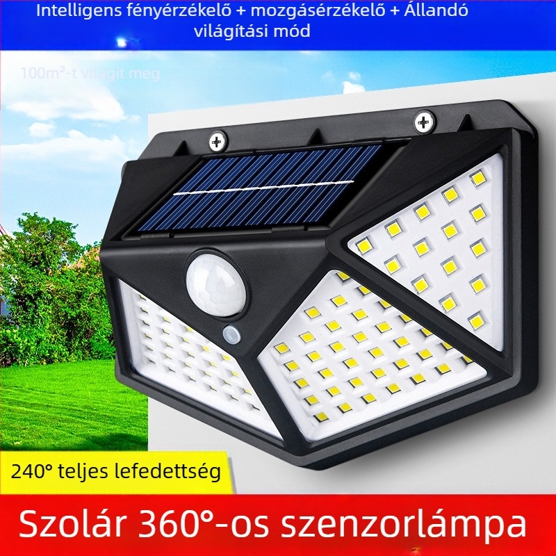 Kültéri LED napelemes kertfal lámpa mozgásérzékelővel, IP55 vízálló, 100 LED, 6500K