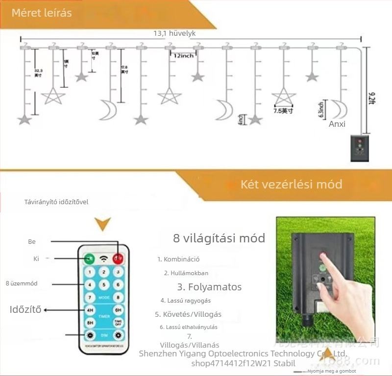 Napelemes LED függönyfények csillag és hold motívummal, távirányítóval – hálószoba, udvar, kemping, karácsonyi dekoráció