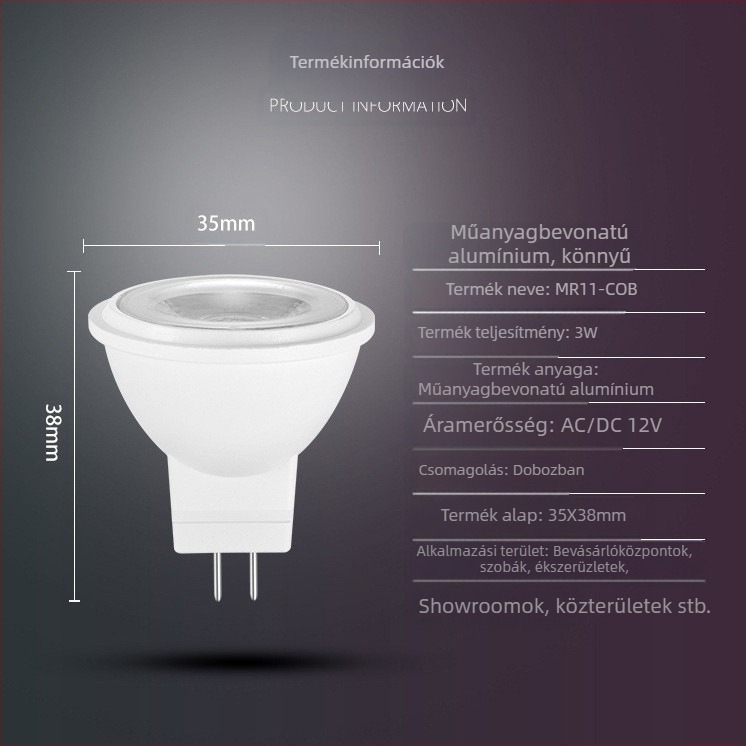 MR11 LED spotlámpa, 12V AC/DC, 3W, 11 COB LED-del, 180° sugárzási szög