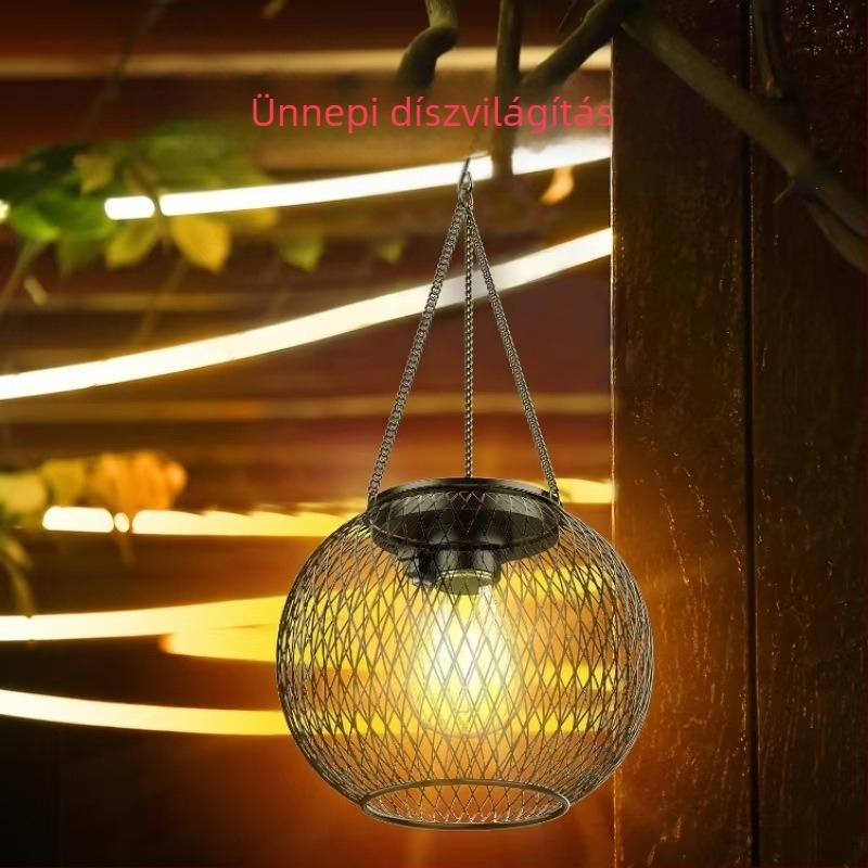 Napelemes vasrácsos lámpa kültéren, vízálló, tungsten filament izzó, IPX4, 5 lumen, 1.2 V, 6–12 h működés, DD1 modell