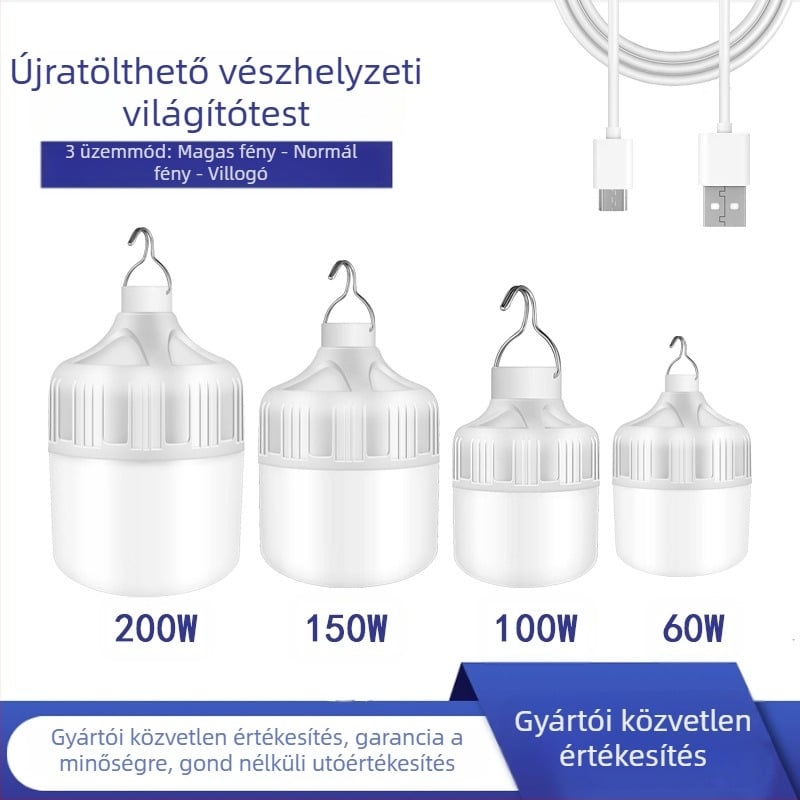 Éjszakai piac sürgősségi LED világítás – töltő LED izzó, kültéri vízálló, hordozható, 3 fényerő mód, 18,5 W, IP55, felületre szerelhető, önálló energiaellátás