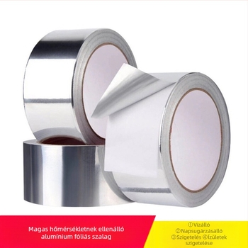 Alumíniumfóliás szalag — Magas hőmérséklet-álló, Tűzálló, Tömítő, Öntapadós, Vezetőképes (Szélesség 5 cm; Vastagság 0,15 mm; Hossz 16 m; Hőmérséklet-tartomány -10 °C-tól 350 °C-ig)