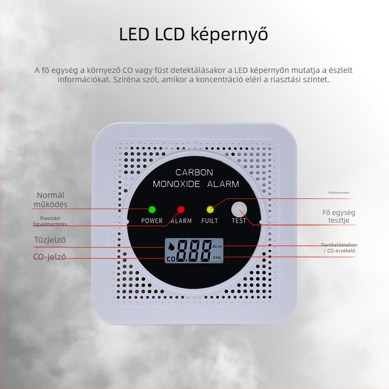 Két az egyben szénmonoxid- és füstriasztó JA-SC106, 4,5 V, vezeték nélküli, falra szerelhető, -10°C-tól 55°C-ig.
