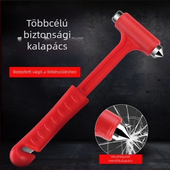 Autóablak biztonsági kalapács, kétfunkciós kialakítás konuszos fejjel, fém és műanyag, súly 100 g