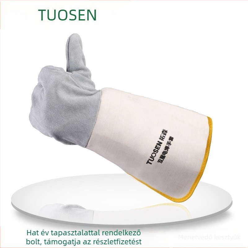 Tehénbőr hegesztőkesztyűk, dupla rétegű, teljes bőr, vágás és hegesztéshez, tömeg 160–260 g, eredet: Linyi