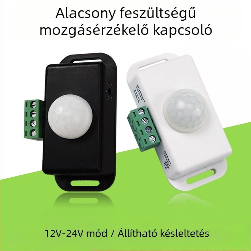 Beltéri PIR infravörös mozgásérzékelő, 12–24V DC, 30 s késleltetés, nappali fény észlelése, mennyezetre és falra szerelhető, folyosóhoz