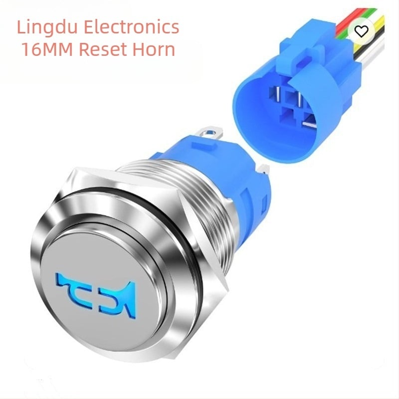 16 mm-es fém gombnyomó kapcsoló autós szirnához – automatikus visszatérés, IP65, 24V, rozsdamentes acél gyűrű, CE, 50000 ciklus