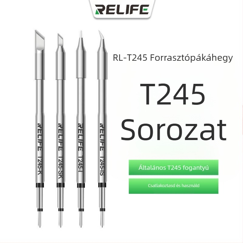 RELIFE RL-T245 sorozat forrasztópáka tiphegy készlet integrált nyelemmel: hegyes, hajlított, K- és SK-fej, kompatibilis RL-T245-I/IS/K/SK