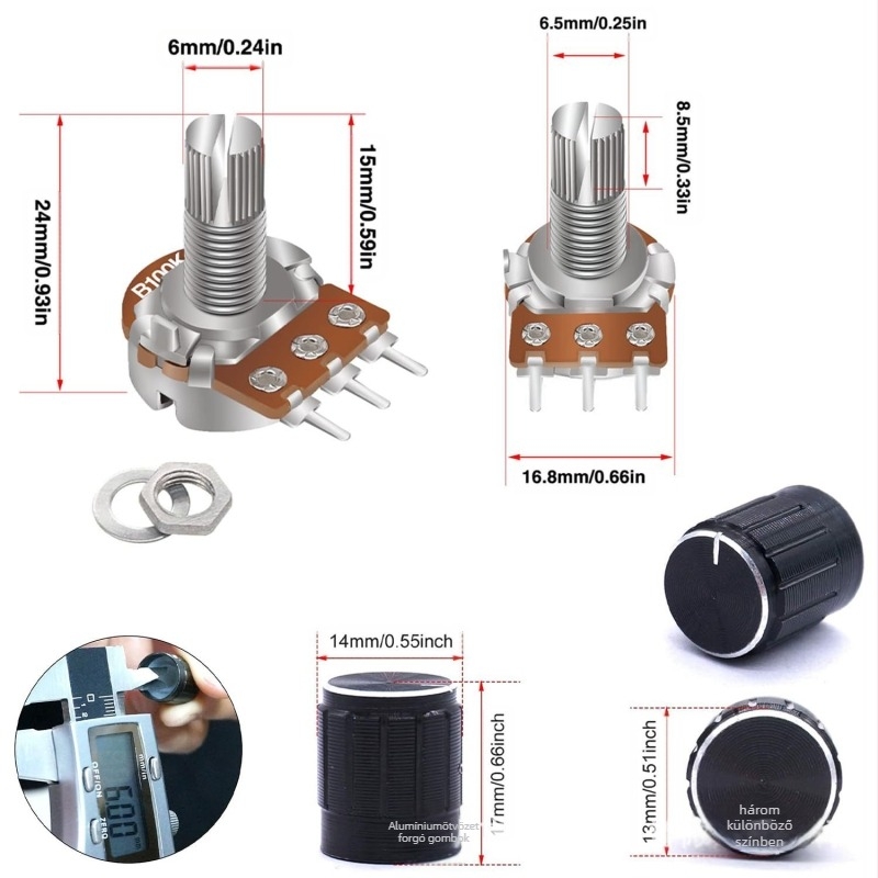 WH148 potenciométer kapcsoló gombbal, 60 db, B5K/10K/20K/50K/100K