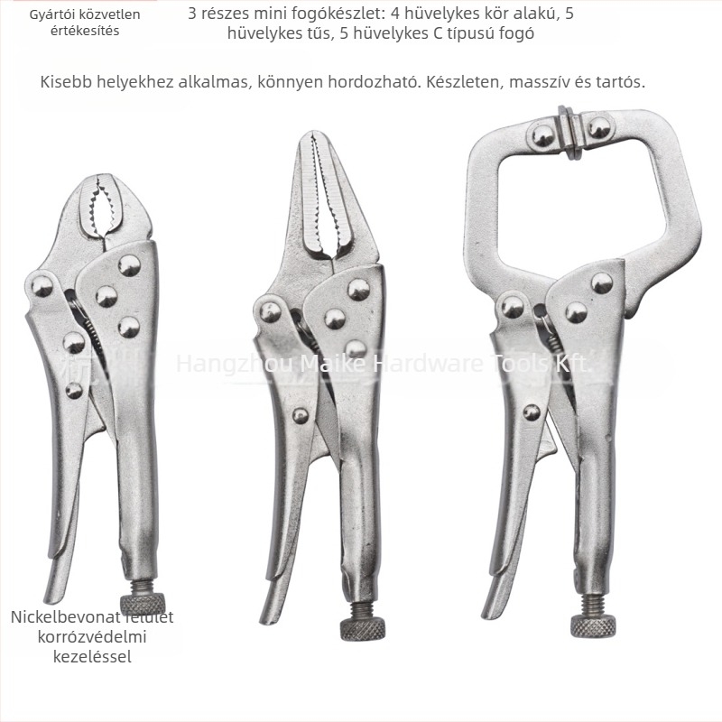 MACWORK 3 részes mini fogó készlet szénacélból: kerek fejű, tűhegyű és C-típusú fejű fogók; csukófejnyílás 25 mm; fej anyaga 45# acél; tömeg 330 g