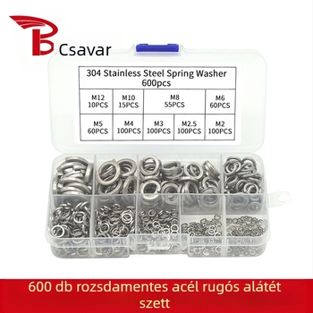304 rozsdamentes acél dobozos rugós alátétkészlet – anti-loose, csavarokkal együtt, 480/600 db, GB93 A osztály
