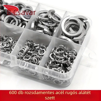 304 rozsdamentes acél dobozos rugós alátétkészlet – anti-loose, csavarokkal együtt, 480/600 db, GB93 A osztály