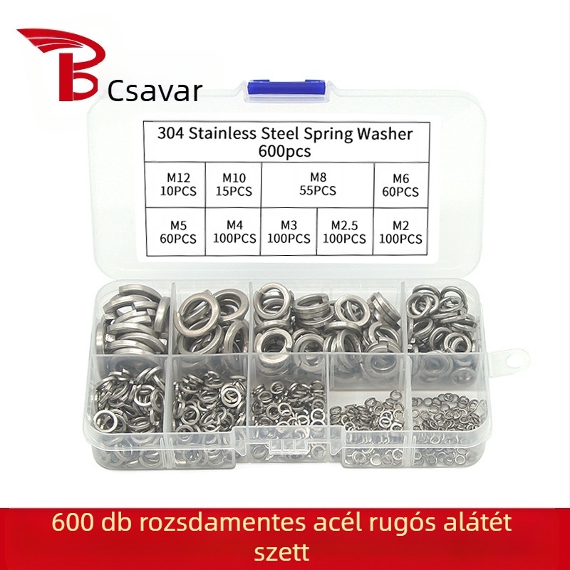 304 rozsdamentes acél dobozos rugós alátétkészlet – anti-loose, csavarokkal együtt, 480/600 db, GB93 A osztály