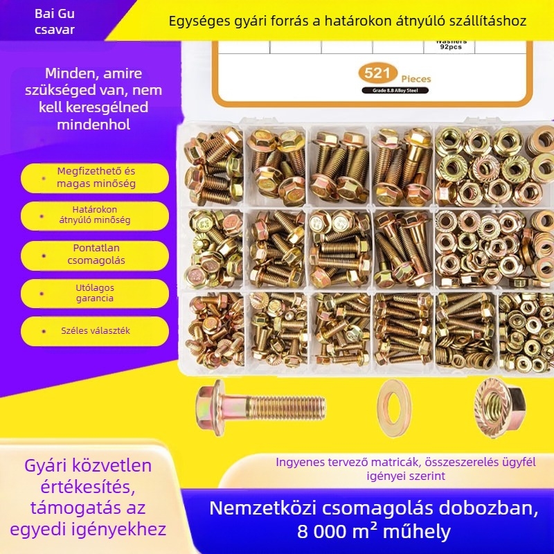 Flanxcsavar készlet külső hatszögfejjel, nagy szilárdságú, szénacél, 521 db, osztály 8.8