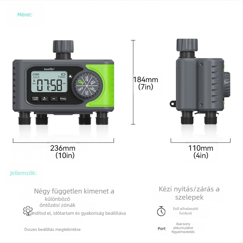 Kültéri 4-csatornás automata öntözővezérlő, időzített öntözés, eső késleltetés és alacsony energiakiadási figyelmeztetés; ABS ház; öntözési idő 1 perc - 3 óra 59 perc; öntözés gyakorisága napi és akár 7 naponta.