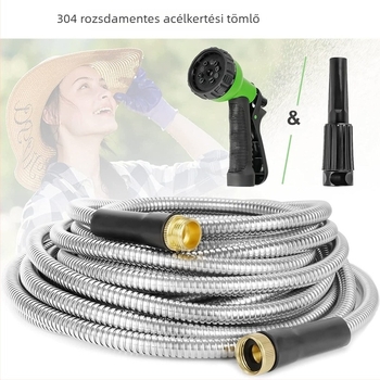 Rozsdamentes acél kertészeti tömlő öntözéshez és autómosáshoz, csomózásmentes kialakítás; fej pisztoly anyaga cinkötvözet; fogantyú cinkötvözet; permetezési távolság 10 m; víznyomás 3–8 kg; falvastagság 2