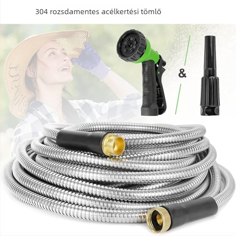 Rozsdamentes acél kertészeti tömlő öntözéshez és autómosáshoz, csomózásmentes kialakítás; fej pisztoly anyaga cinkötvözet; fogantyú cinkötvözet; permetezési távolság 10 m; víznyomás 3–8 kg; falvastagság 2