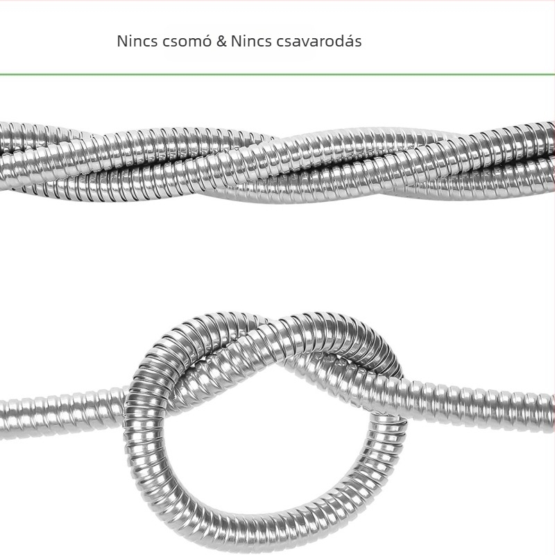 Rozsdamentes acél kertészeti tömlő öntözéshez és autómosáshoz, csomózásmentes kialakítás; fej pisztoly anyaga cinkötvözet; fogantyú cinkötvözet; permetezési távolság 10 m; víznyomás 3–8 kg; falvastagság 2