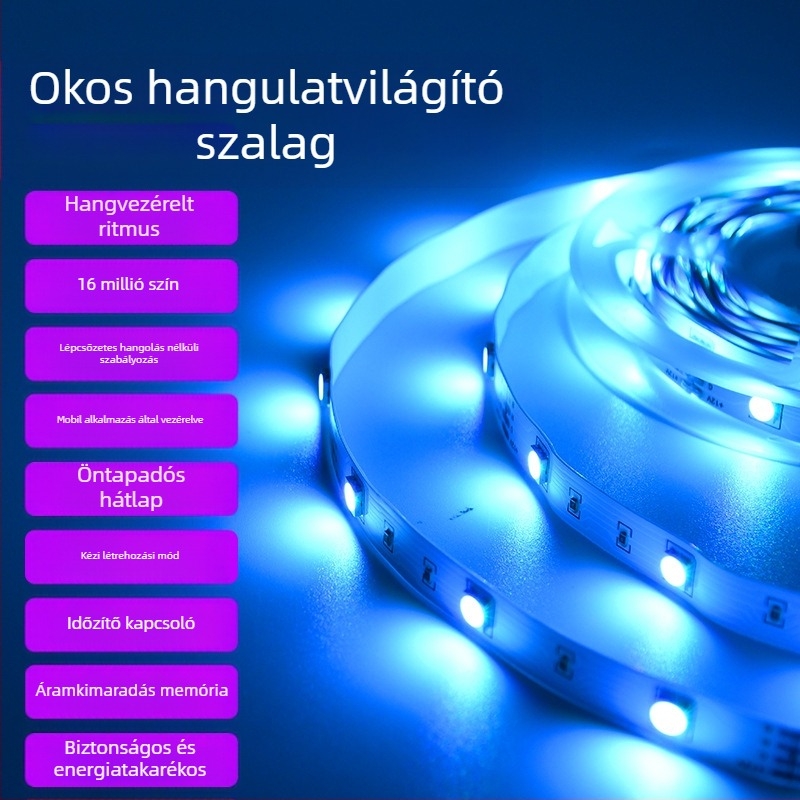 Intelligens Bluetooth LED-szalag 12V, 5050 LED-ek, Távirányító és alkalmazáson keresztüli vezérlés, 18/30 LED, Fényerő szabályozható