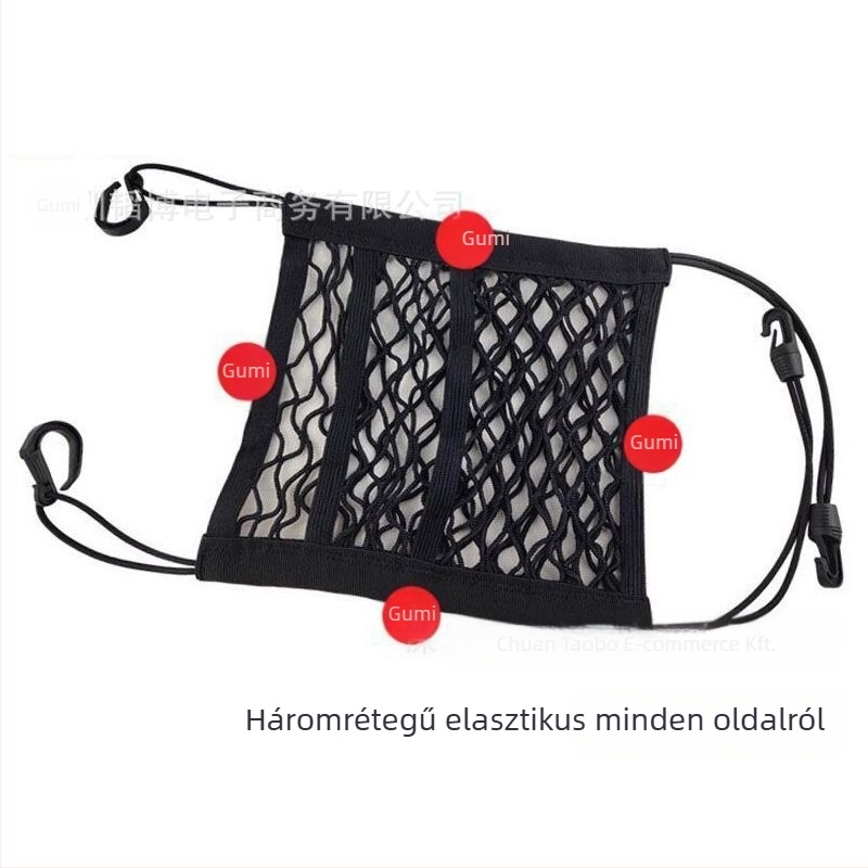Autóülés tároló háló – poliészter, középső ülésre történő felszerelés, univerzális kompatibilitás, tömörítésnek ellenálló