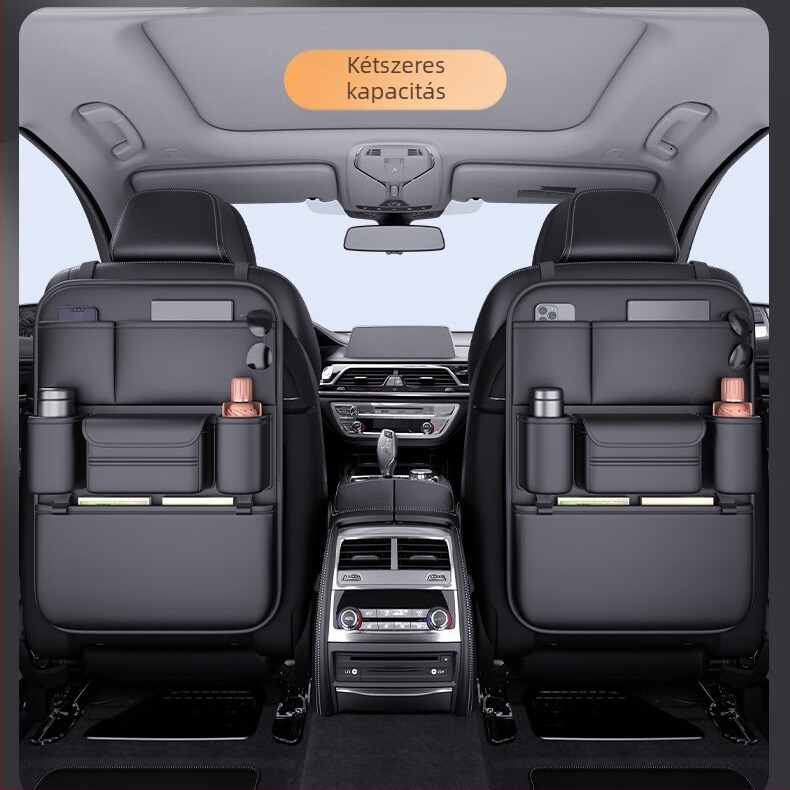 Autóülés hátsó tároló táska, bőrből, vízálló, akasztós kivitel, univerzális kompatibilitás, logó nyomtatás