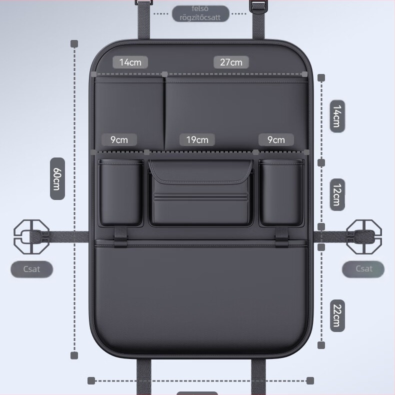 Autóülés hátsó tároló táska, bőrből, vízálló, akasztós kivitel, univerzális kompatibilitás, logó nyomtatás