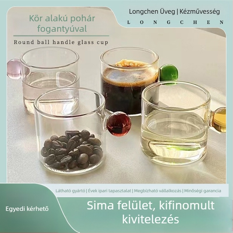 Gömb alakú fogantyús üvegpohár - magas boroszilikát üveg, fújt, festett felület, egyszerű modern stílus