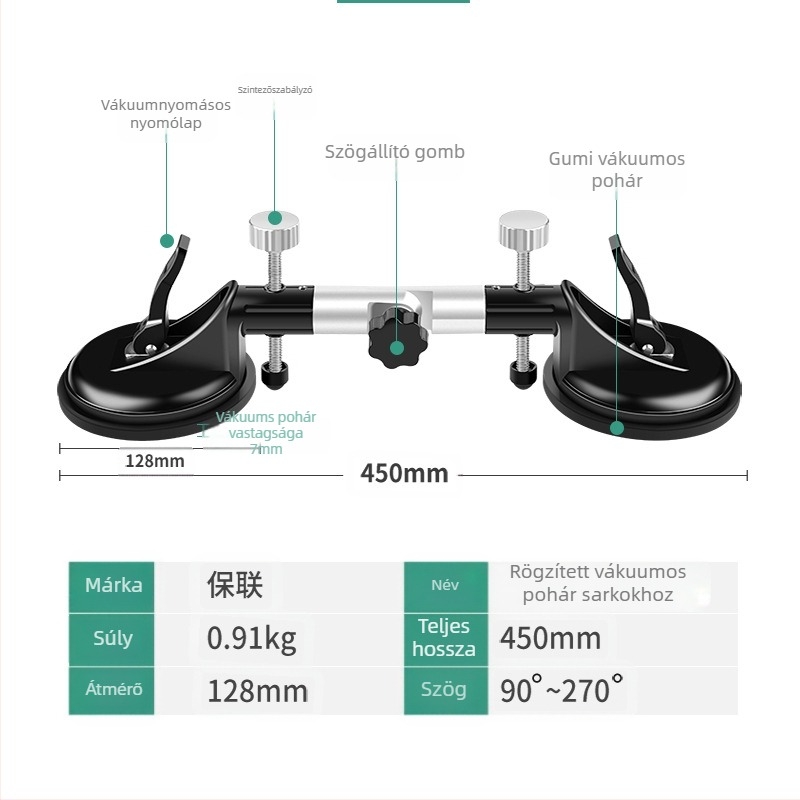Nehéz terhelésű vákuumos rögzítőeszköz alumíniumötvözetből, csempékre és üveghez, fix vákuummal, egyrészes és kettős fogóval