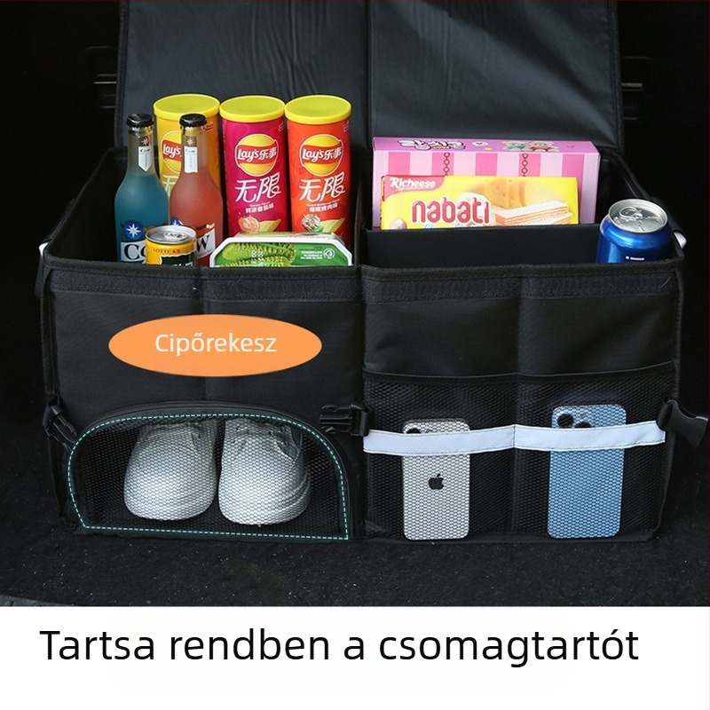 Autócsomagtartó tároló doboz, 65L kapacitás, összecsukható, vízálló, Oxford anyagból, fogantyúval