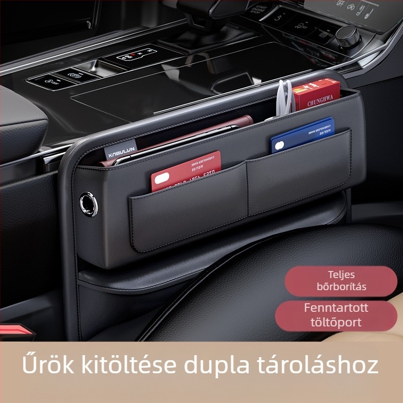 Bőr ülés közötti tároló doboz, kártyatartó rekeszekkel, testreszabható logónyomással