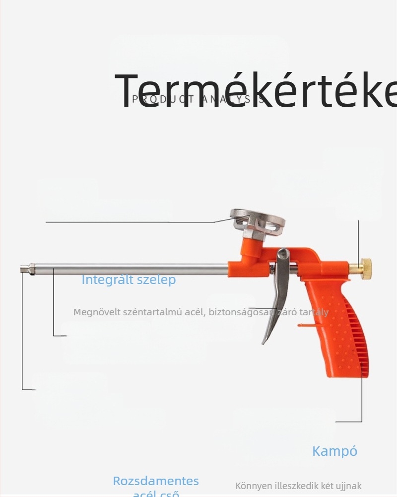 Tömítőpisztoly poliuretán habhoz ajtók és ablakokhoz – hosszított, könnyen tisztítható; Anyag: műanyag/fém; Alkalmazás: tömítés