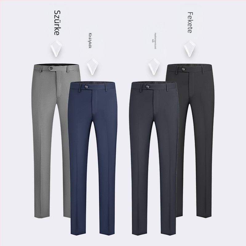 Uniszex üzleti nadrág, egyenes szár, poliészter-keverék, vasalásmentes, munkahelyre, négy évszakos, díszes gombos rész